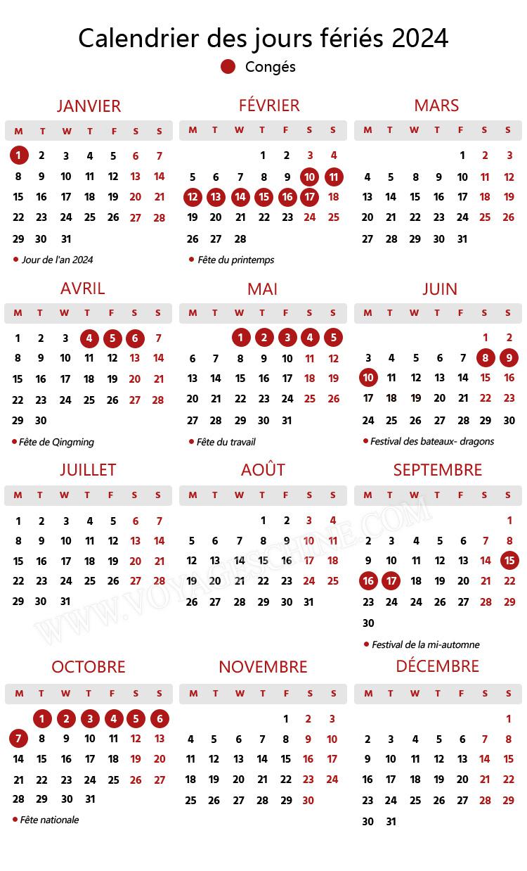 Calendrier des jours fériés en Chine 2024