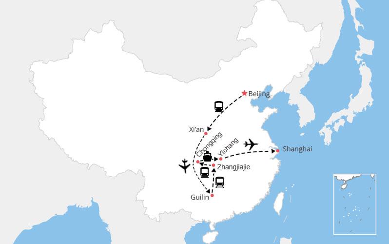 Carte circuit 21 en Chine Beijing Xi'an Chongqing Yichang Guilin Zhangjiajie Shanghai
