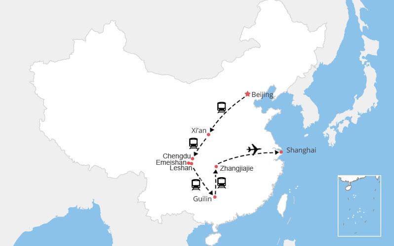 Carte Beijing Xi'an Chengdu Mont Emei Leshan Guilin Zhangjiajie Shanghai