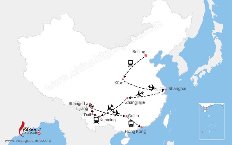 Carte Beijing Xi'an Shanghai Zhangjiajie Kunming Dali Lijiang Shangri-La Guilin Hongkong