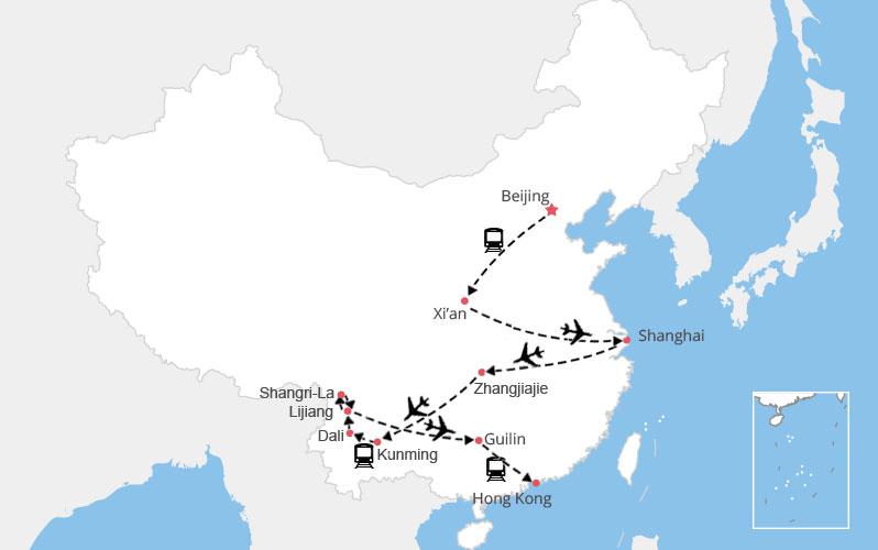 Carte Beijing Datong Pingyao Xi'an Kunming Dali Lijiang Guilin Fenghuang Zhangjiajie Shanghai