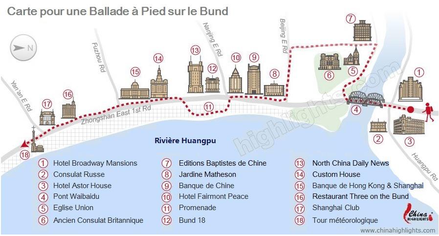 la carte pour une ballade à pied sur le bund